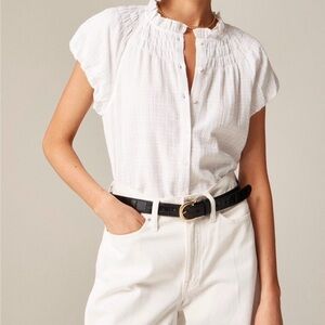 White Smocked-Neck Top in Textured Gauze